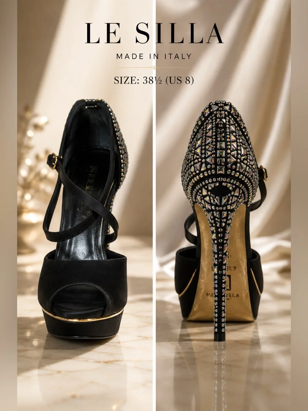 Le Silla Italian originals Black Jeweled Platform Peep-Toe pumps
